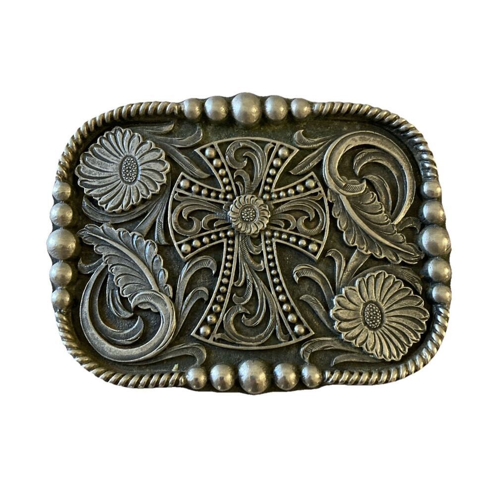 Montana Silversmiths Engraved Cross Belt‎ Buckle Silver Floral Western